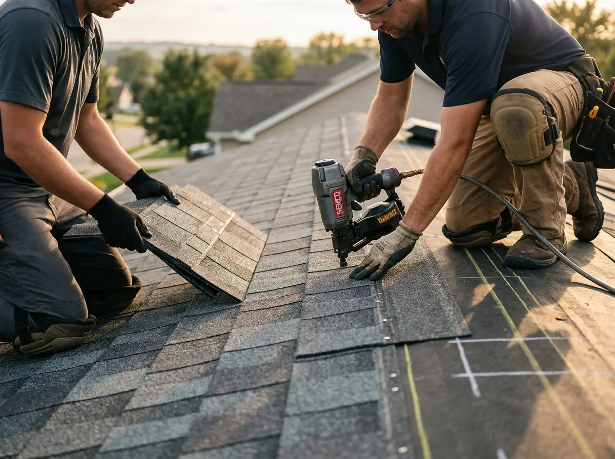 Professional roofer working on a residential roof in Beloit
